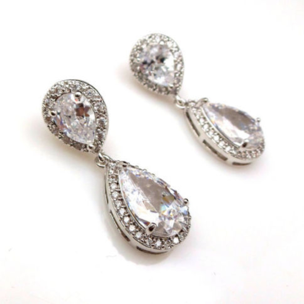 White Gold Plated Rhinestone Statement Earrings - Picture 6 of 6